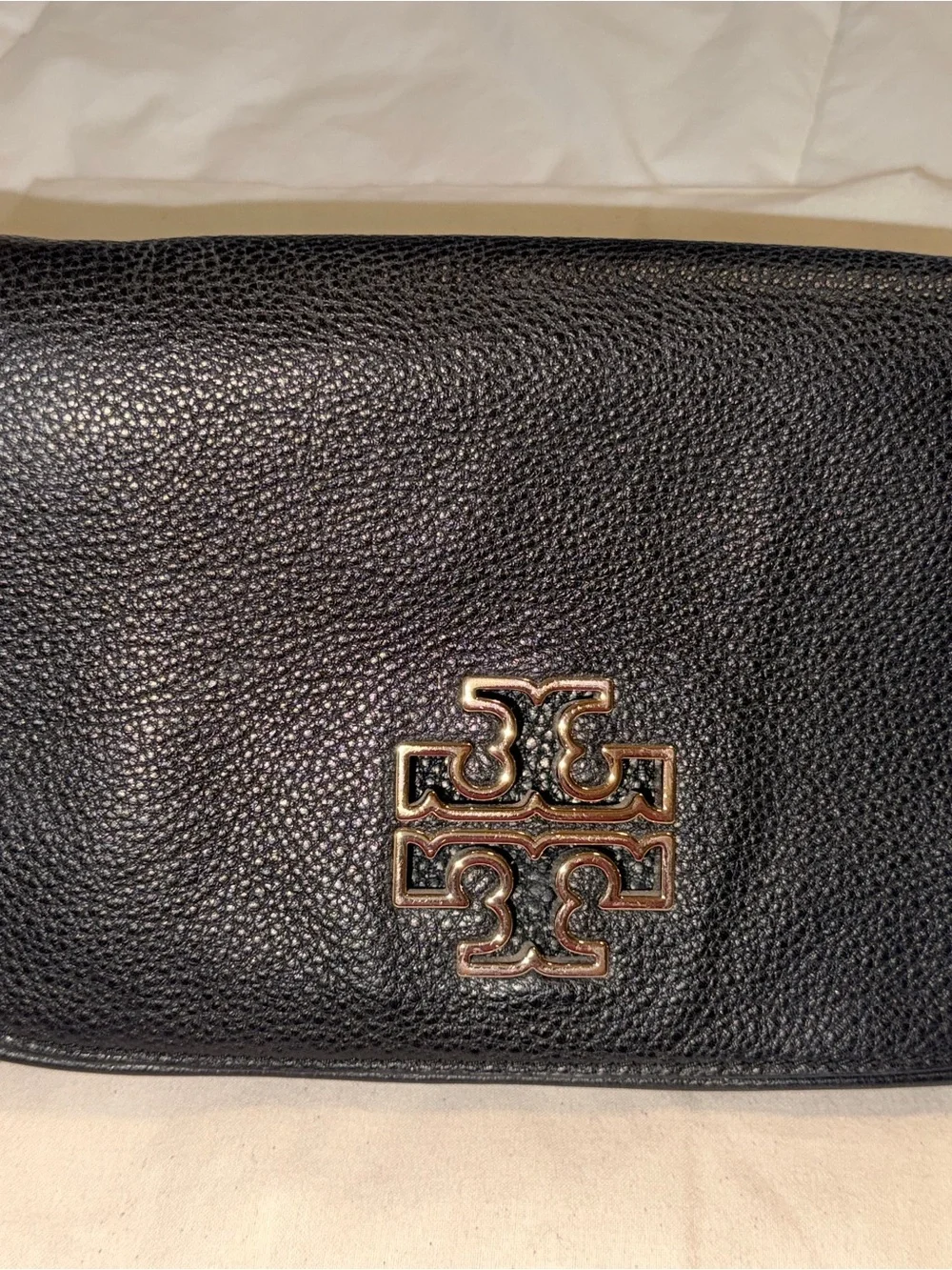 Tory Burch Black Pebbled Leather crossbody with Gold Logo